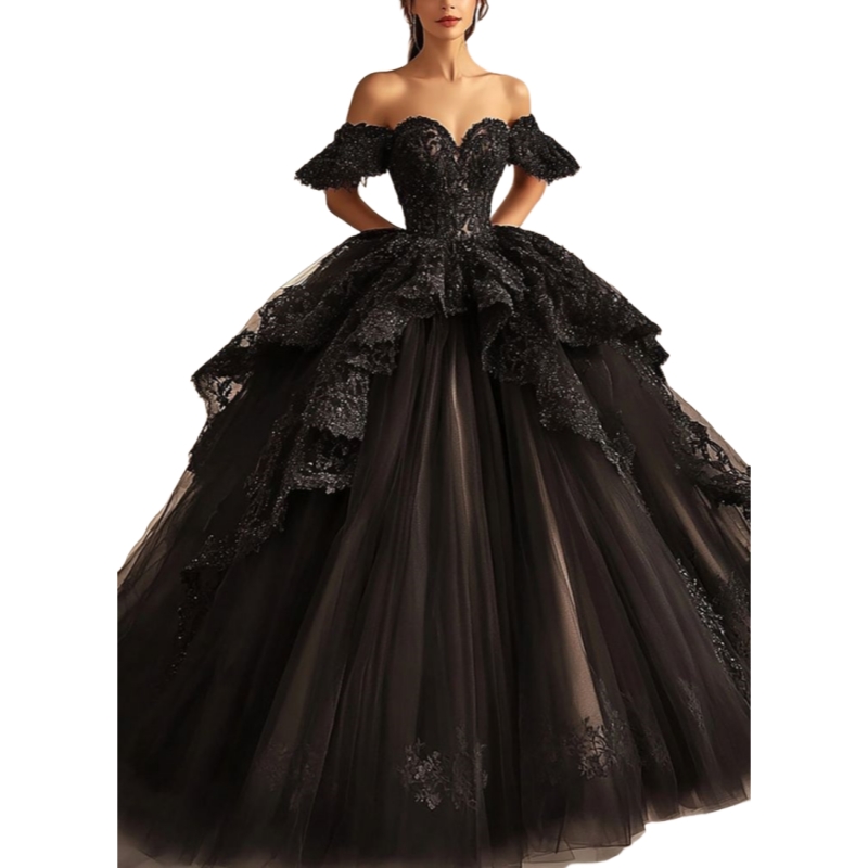 Gothic Style Black Wedding Dresses Off-Shoulder Ruffled Ball Gown Tulle Lace Appliques Bridal Gown Sweetheart Vestidos De Novia Back Lace-up Bride Dre