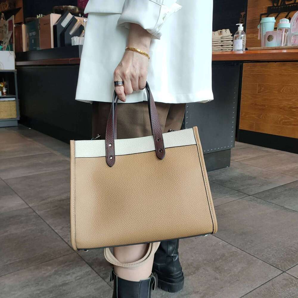 Designer Bags Panelled Hit Color Fashion Tote 100% Natural COW Leather Women Handbag Business OL Style Wide Strap Office Girl Shoulder Bag Luxury Bag