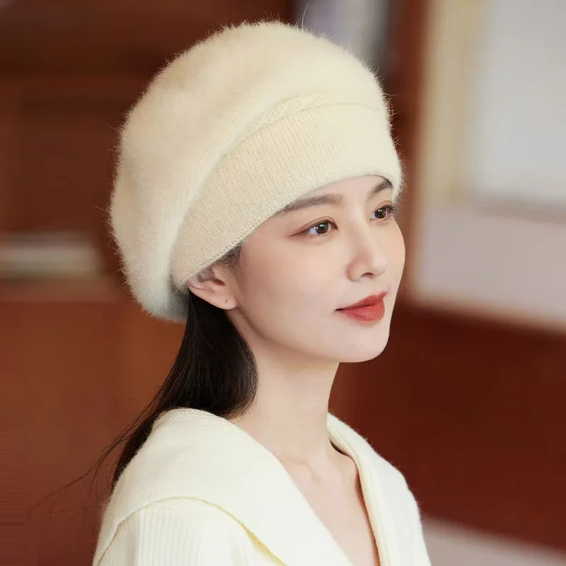 rabbit fur Beret Women Winter Angora Knit Hat Double Layers Warm Soft Accessory For Autumn winter Outdoors Sports Cold Weather 250819