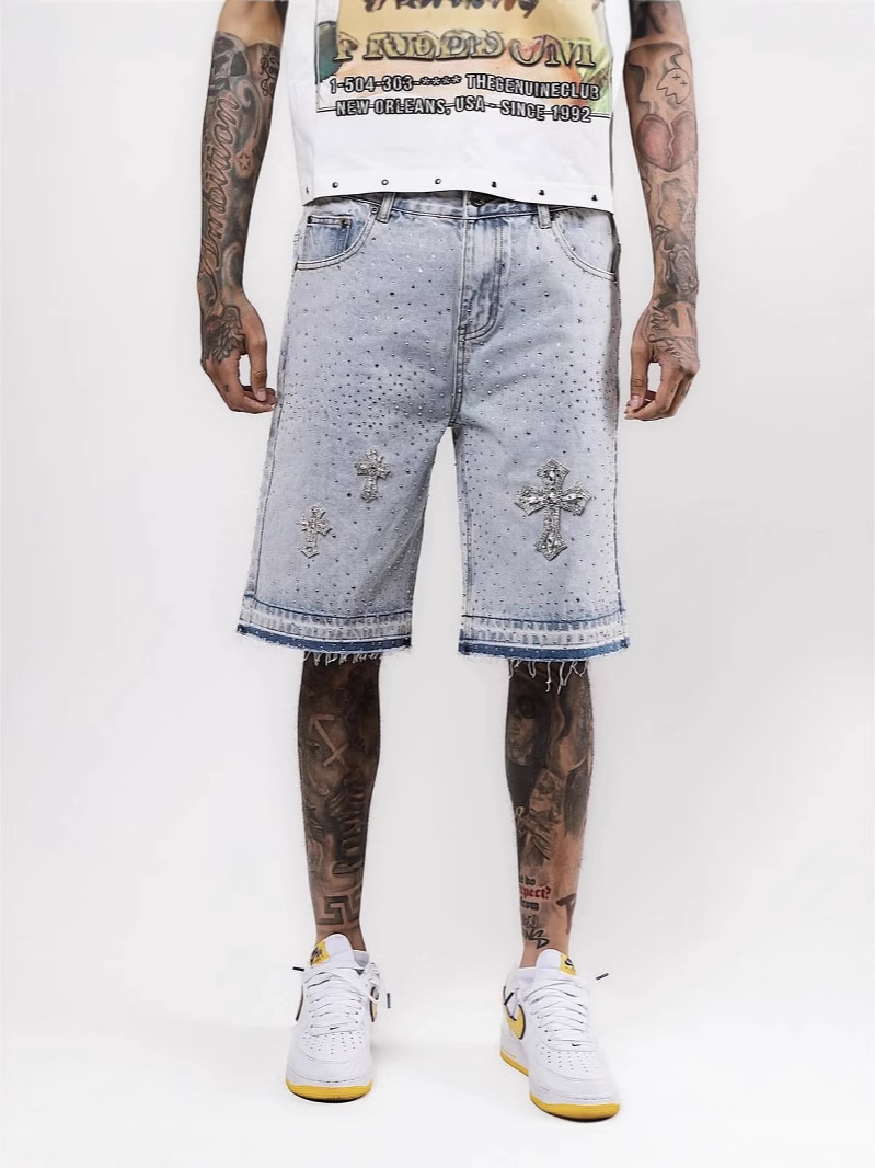 American retro pants from Europe and America hip-hop hot diamond denim shorts men's pants