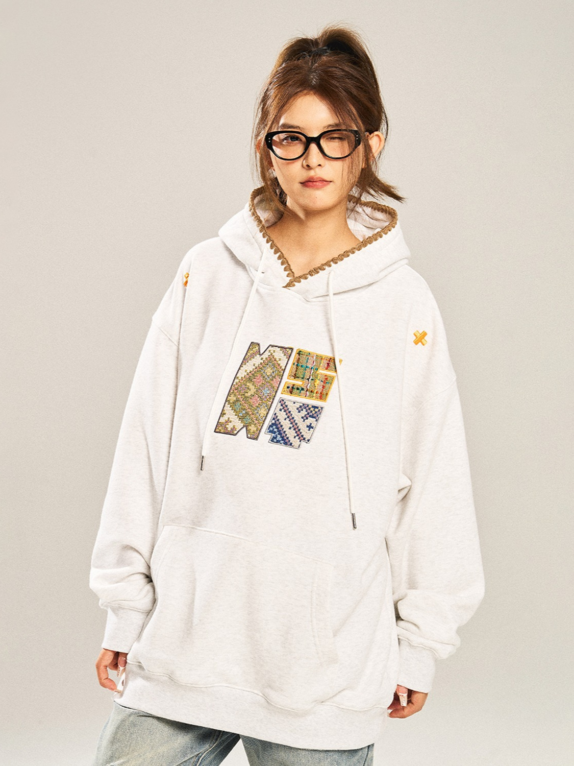 Bingdu ethnic style new American retro patch embroidered sweater men's and women's spring and autumn trendy brand couple hoodie