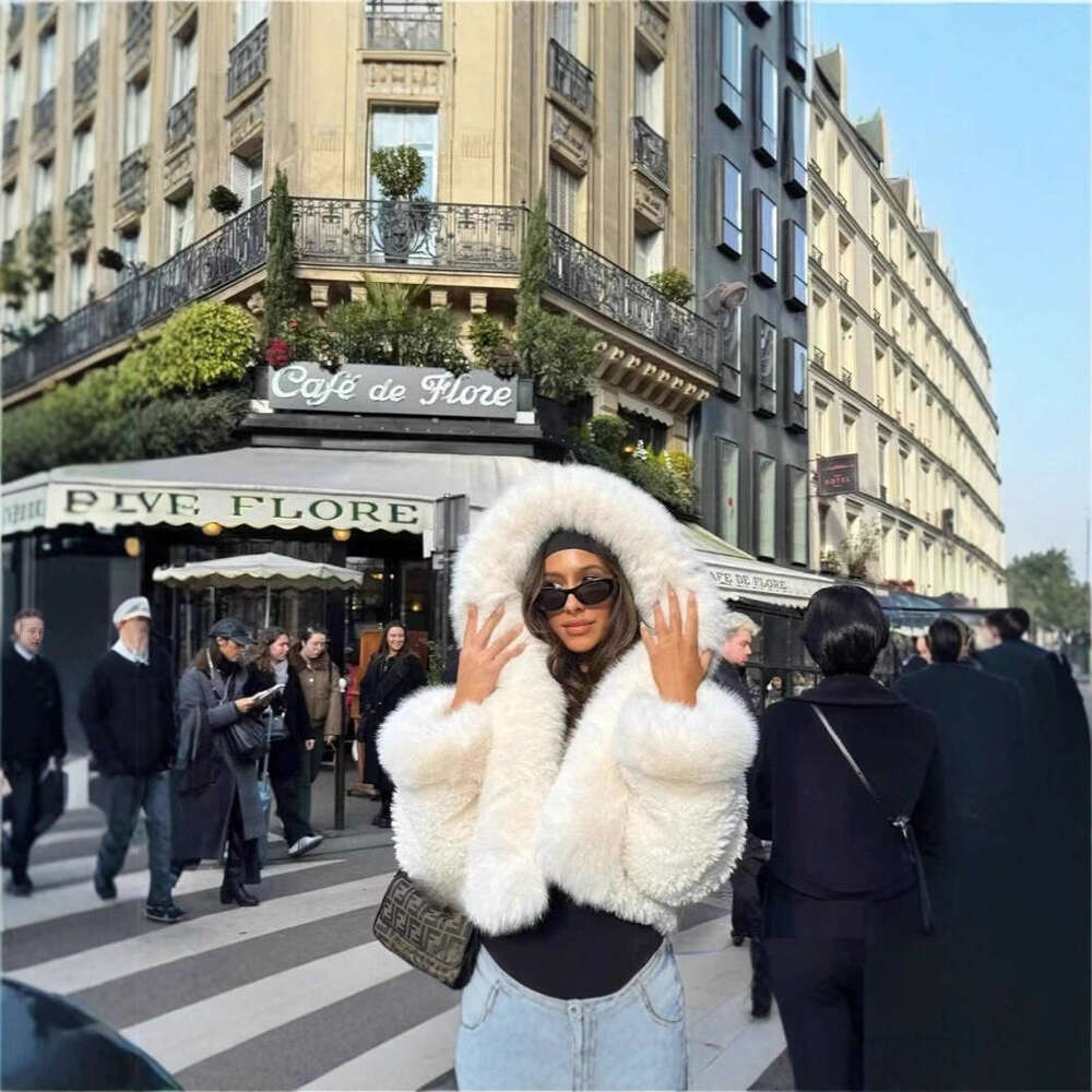 Faux Fur Coats Hooded Cropped White Black Faux Fur Coat Woman Clothing Fluffy Fur Jacket Winter Outerwears