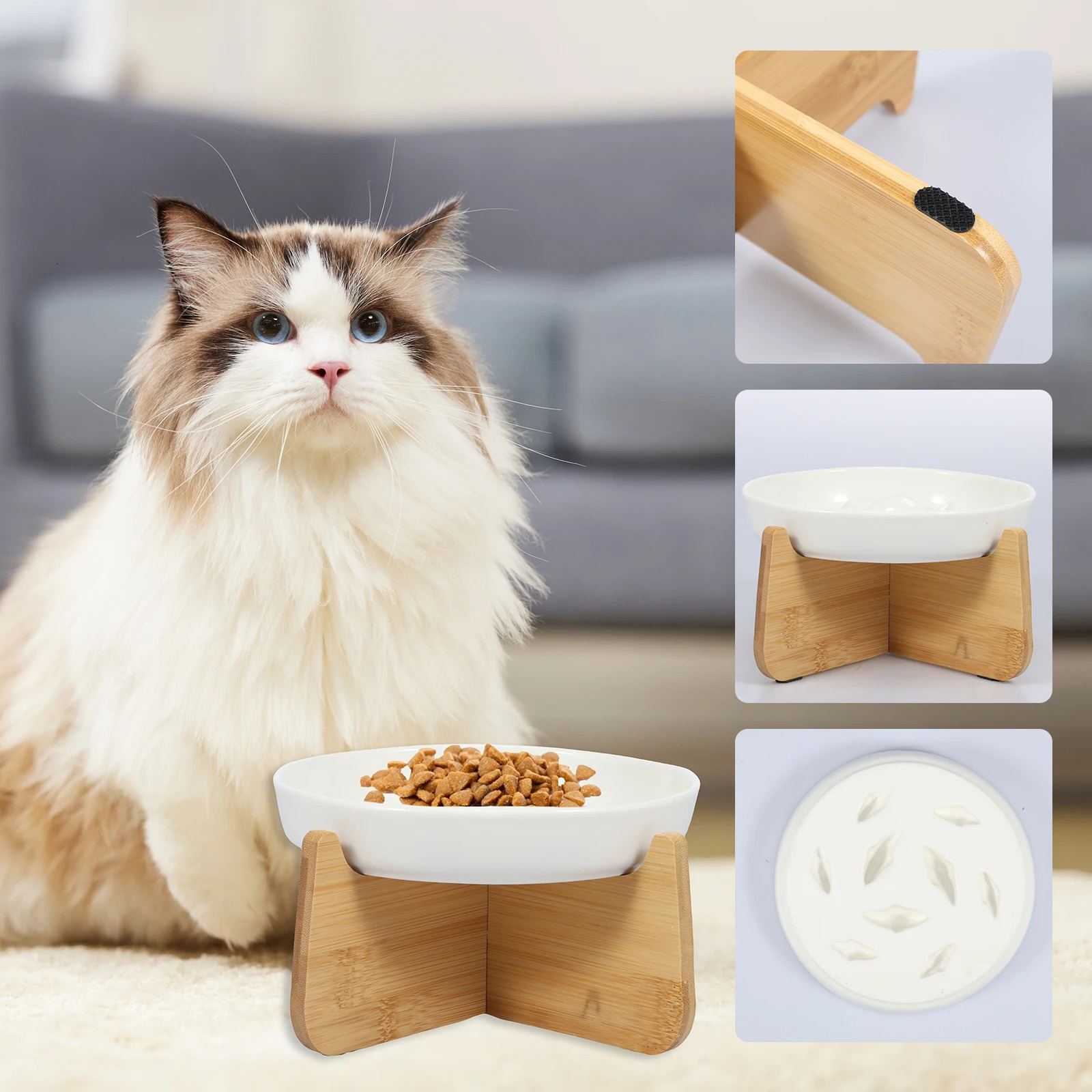 Raised Cat Bowl Elevated Cat Bowls with Wood Stand Ceramic Slow Feeder Bowl Cat Feeding Bowl Anti Vomiting Cat Food Bowl Non-Sli 250813