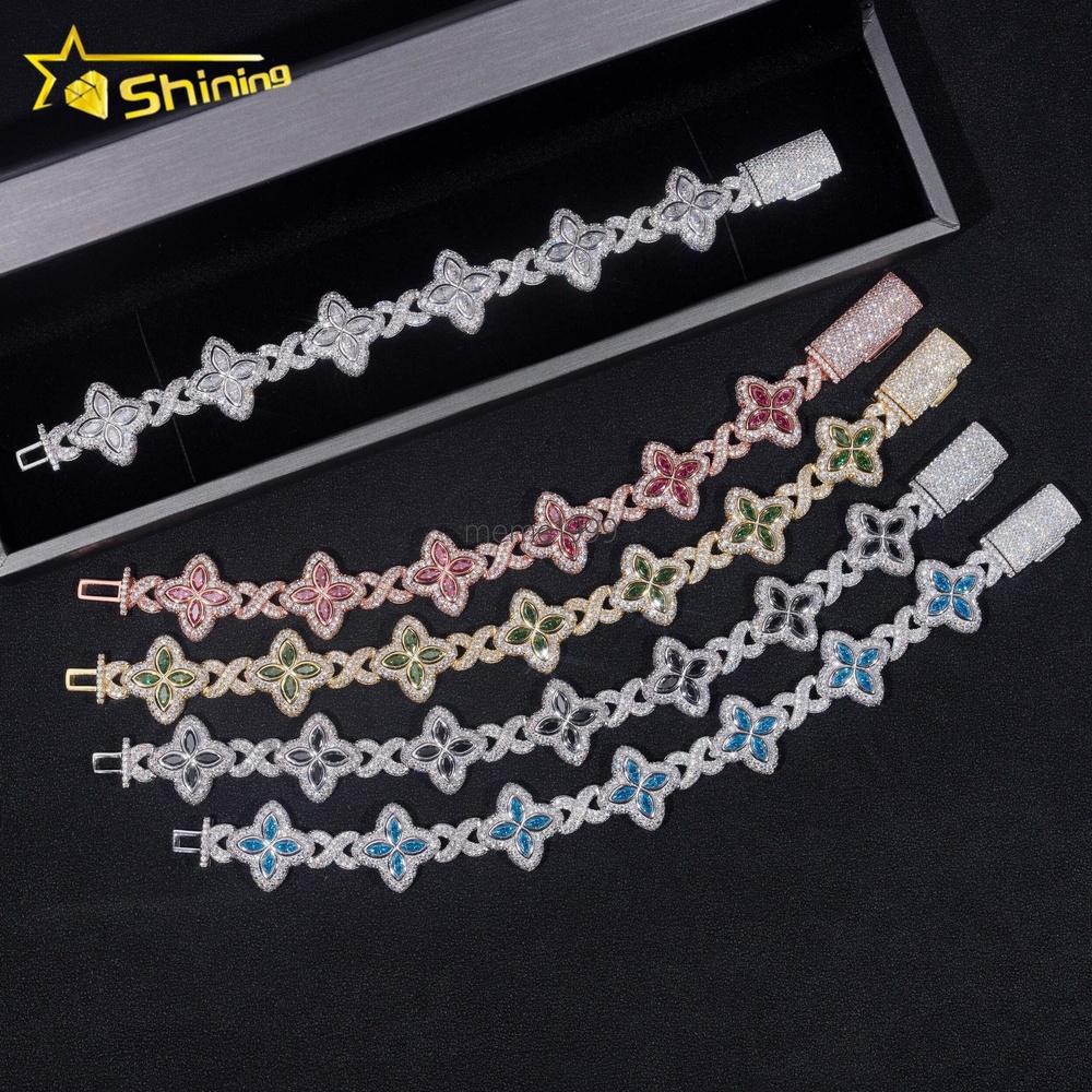 New Stocks Pass Diamond Tester Silver 925 Gold Plated Hip Hop Jewelry Custom Colored Moissanite Clover Cuban Bracelet