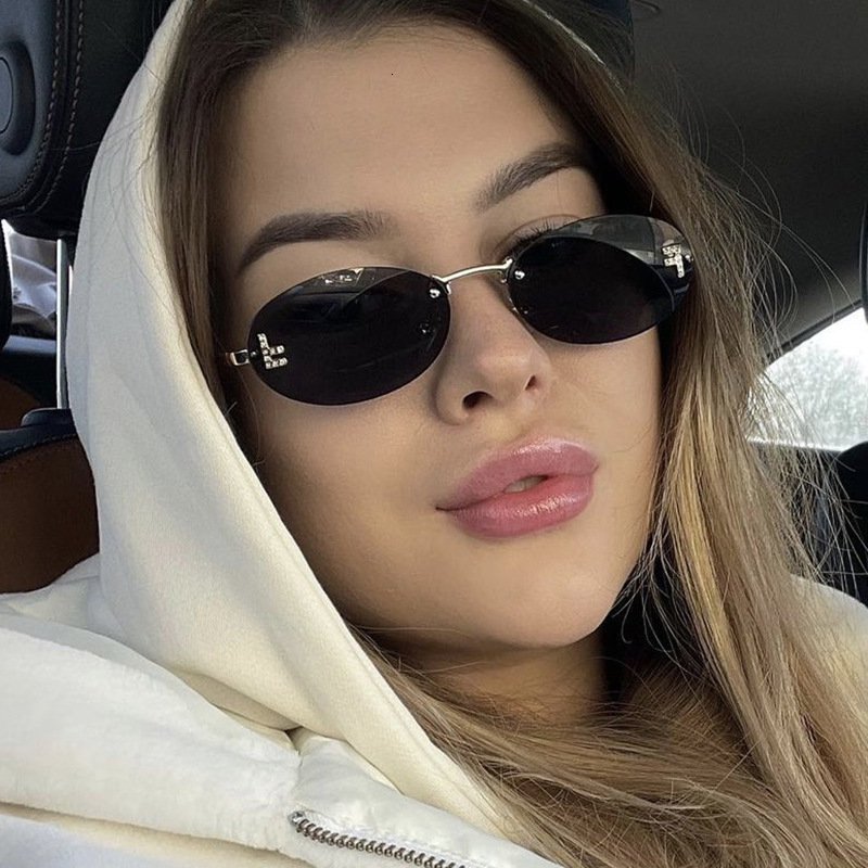 New Frameless Sunglasses F Diamond-inlaid Elliptical Frame Fashion Sunglasses High-end Trendy Small Frame Decorative Glasses