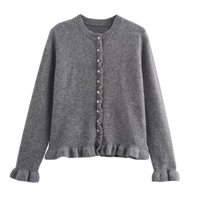 TRAF Sweater Cardigans Ruffle Long Sleeve Knitted Cardigan For Women Autumn Bolero Knitwears ButtonDown Bluey Gray 250819
