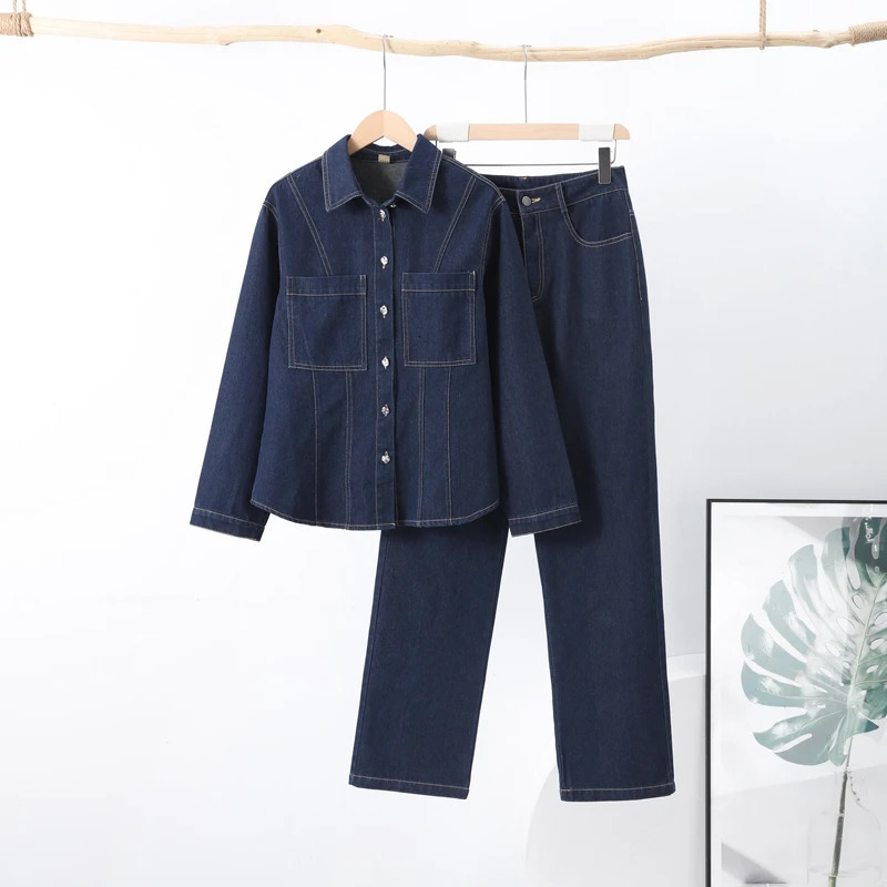Denim Jacket Jeans 2 piece sets woman Long Sleeve Metal Buttons Sliming Pocket Top Straight Leg Pants Cow Outfits for Women 250819