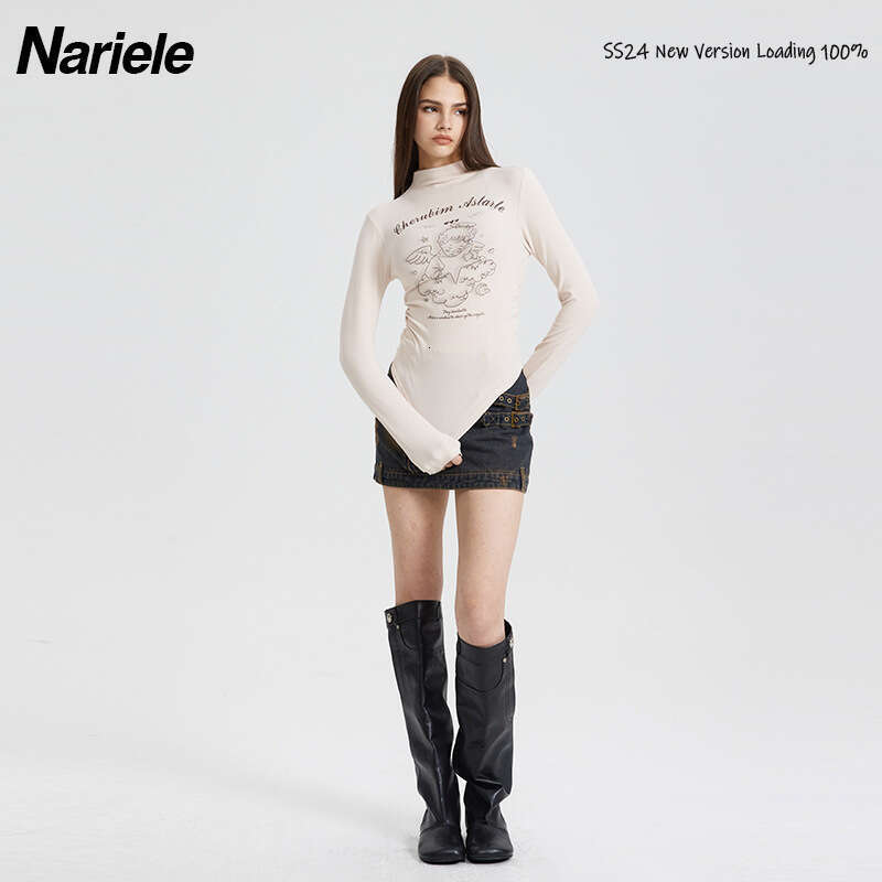 Angel Print Ruched Design Spring Long Sleeve T-Shirt For Women Pure Desire Style Sexy Short Top B3