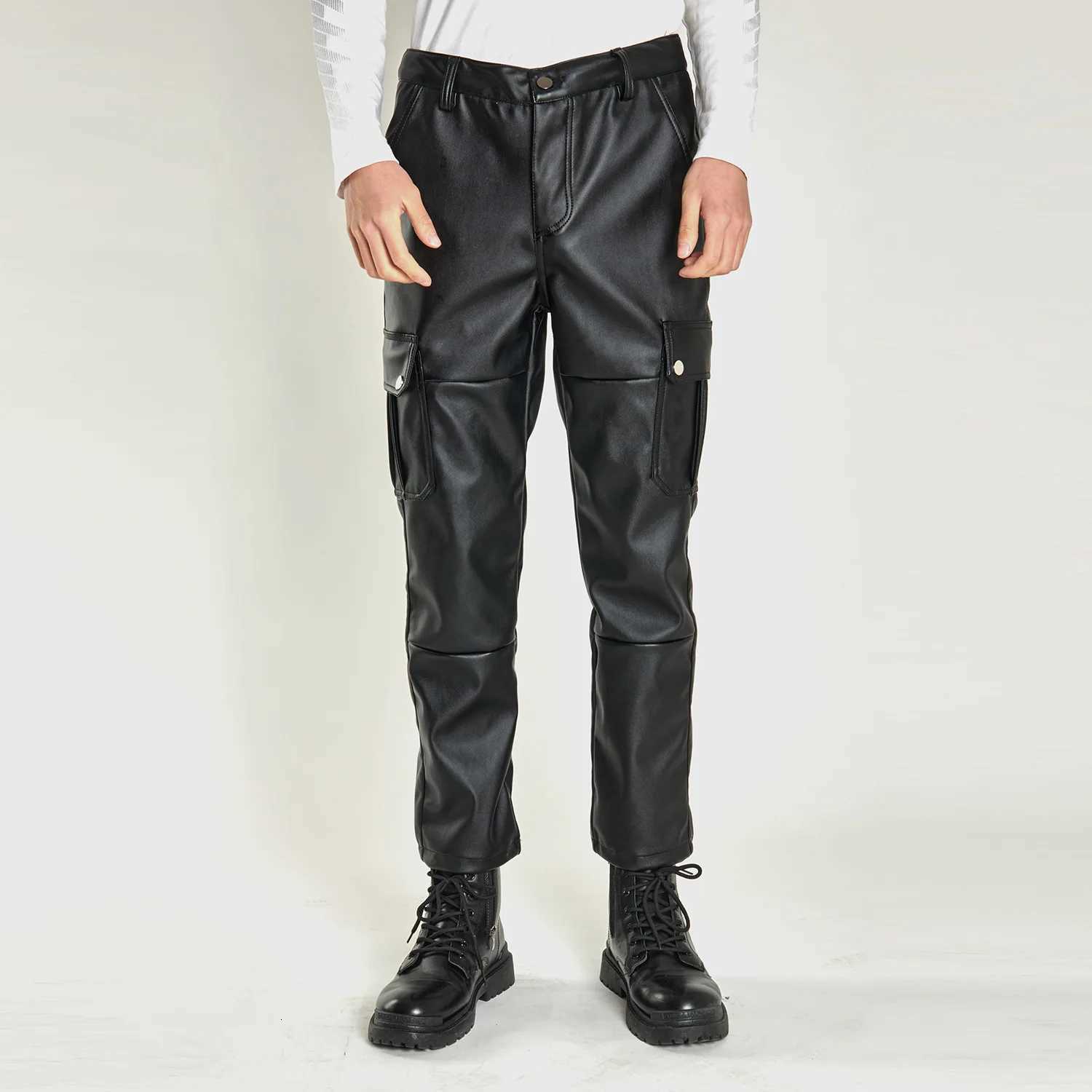 Autumn Black Leather Pants Mens Black Casual Pant Fashion Biker PU Pants Loose Comfort Trousers Khaki Dark Blue 5XL W250819