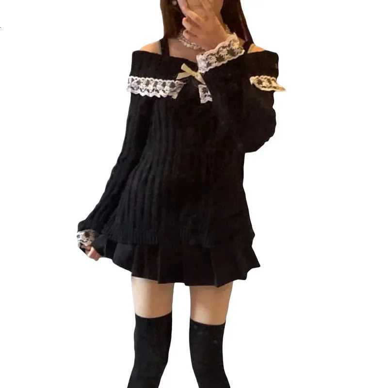 Women Off Shoulder Knit Sweater Pink Pullover Sweet Pullovers Long Sleeve Bow Lace Patchwork Jumpers Y2K Streetwear XJ250819