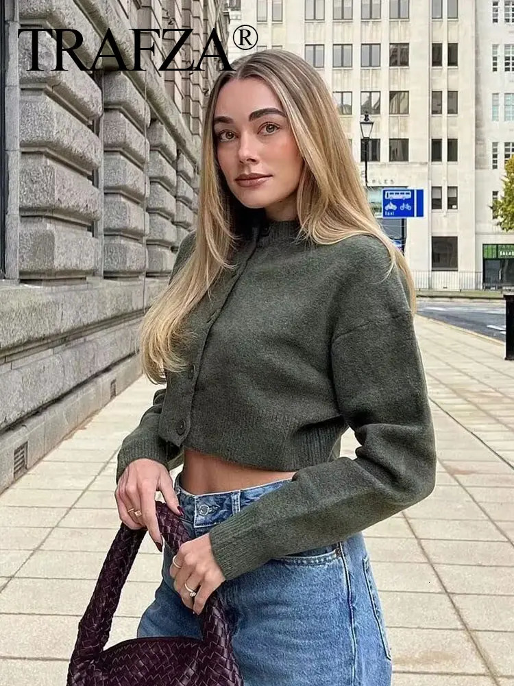 TRAFZA Women Cropped Knit Cardigan Sweater Single Breasted Long Sleeve O Neck Coat Elegant Solid Outerwear Female Chic Top 250819
