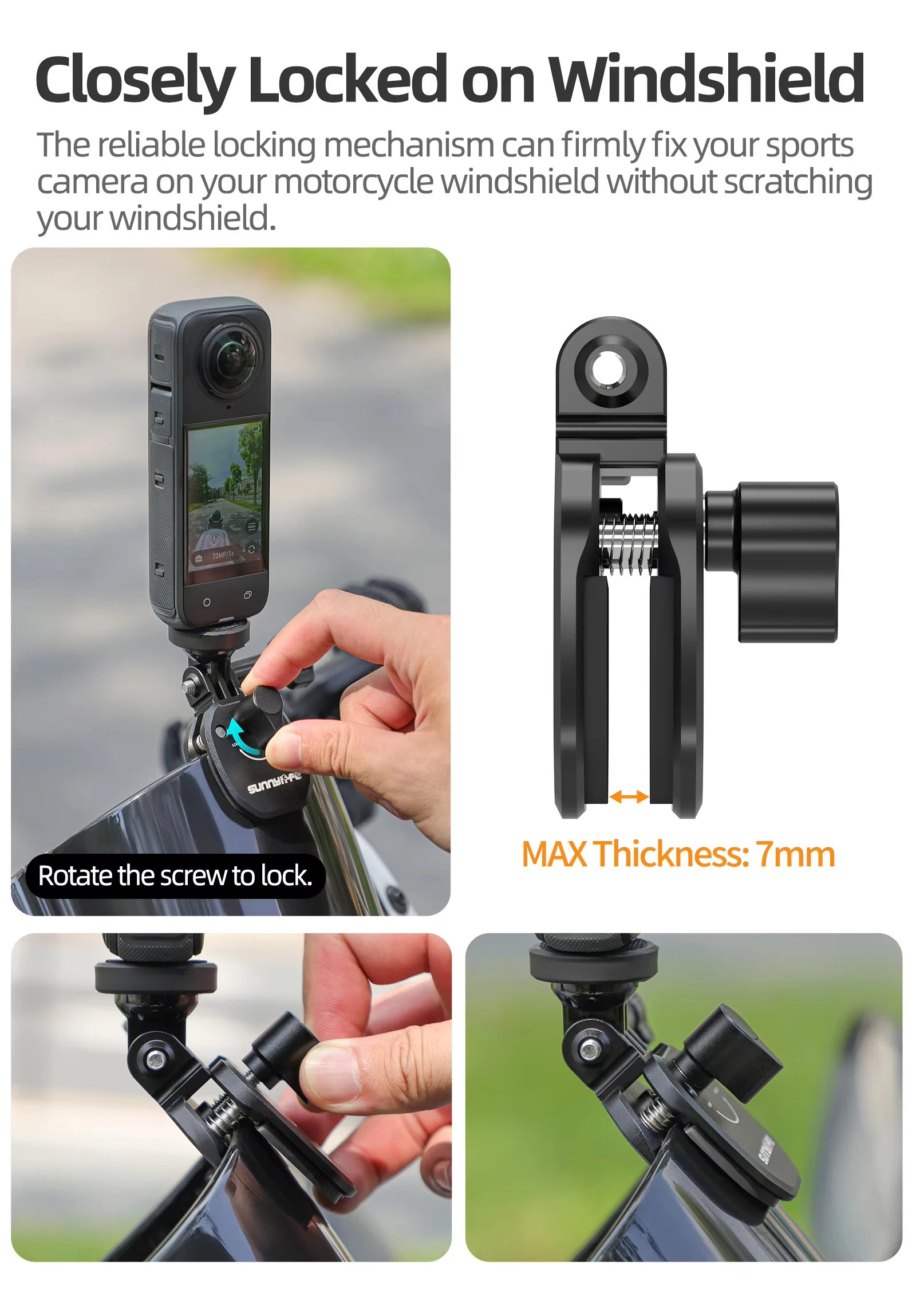 Motorcycle Windshield Mount Clamp Aluminum Clip For GoPro 13 12 Insta360 X5 Ace For DJI Osmo 360/Action 5 Pocket 3 Accessories 250813