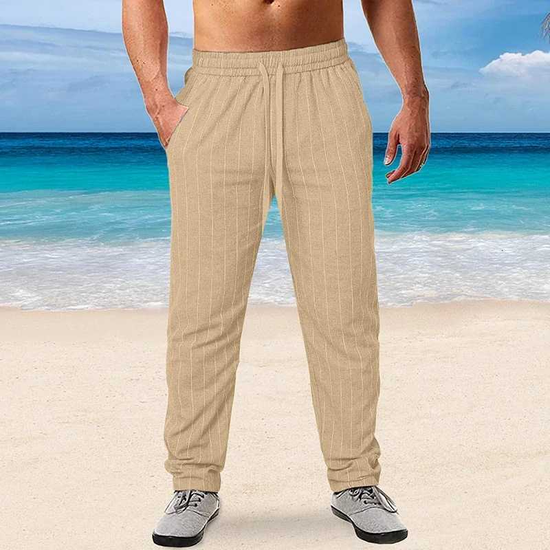 New Mens Cotton Linen Trousers Design Vertical Stripes Breathable Pants Casual Baggy Elastic Waist Straight Leg Sweatpants W250819
