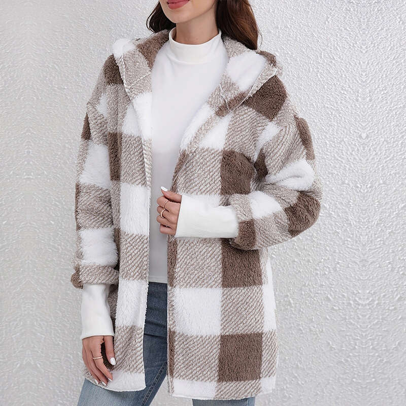 Plush Women's Jacket Hot Sale Of The Season New Long Sleeve Plaid Hooded Zipper with Pocket Loose Outerwear Punk Style Casua