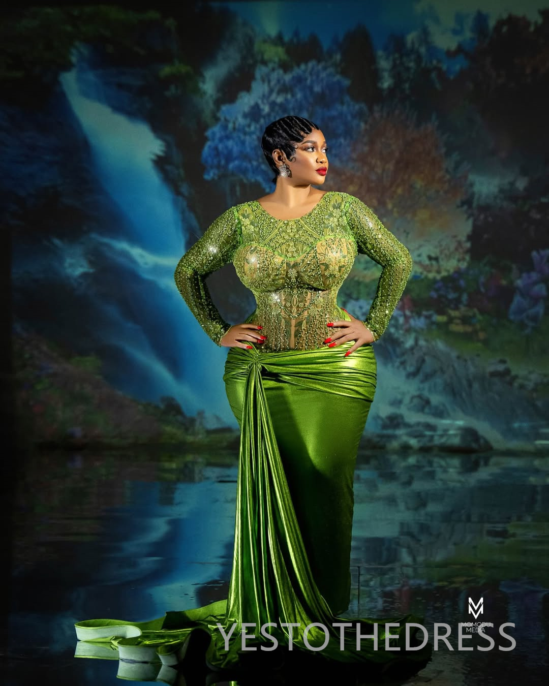 Plus Size Green Prom Dress 2025 Evening Dresses Robe De Sorrie Sheer Neck Long Sleeves Beaded Lace Pearls Birthday Dress Second Reception Gowns AM2689