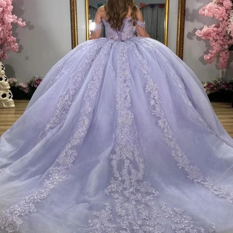 Light Lavender Shiny Off The Shoulder Ball Gown Quinceanera Dresses Applique Lace Beads Tull Party Birthday Vestidos De 15 Anos Sweet 16 Dress