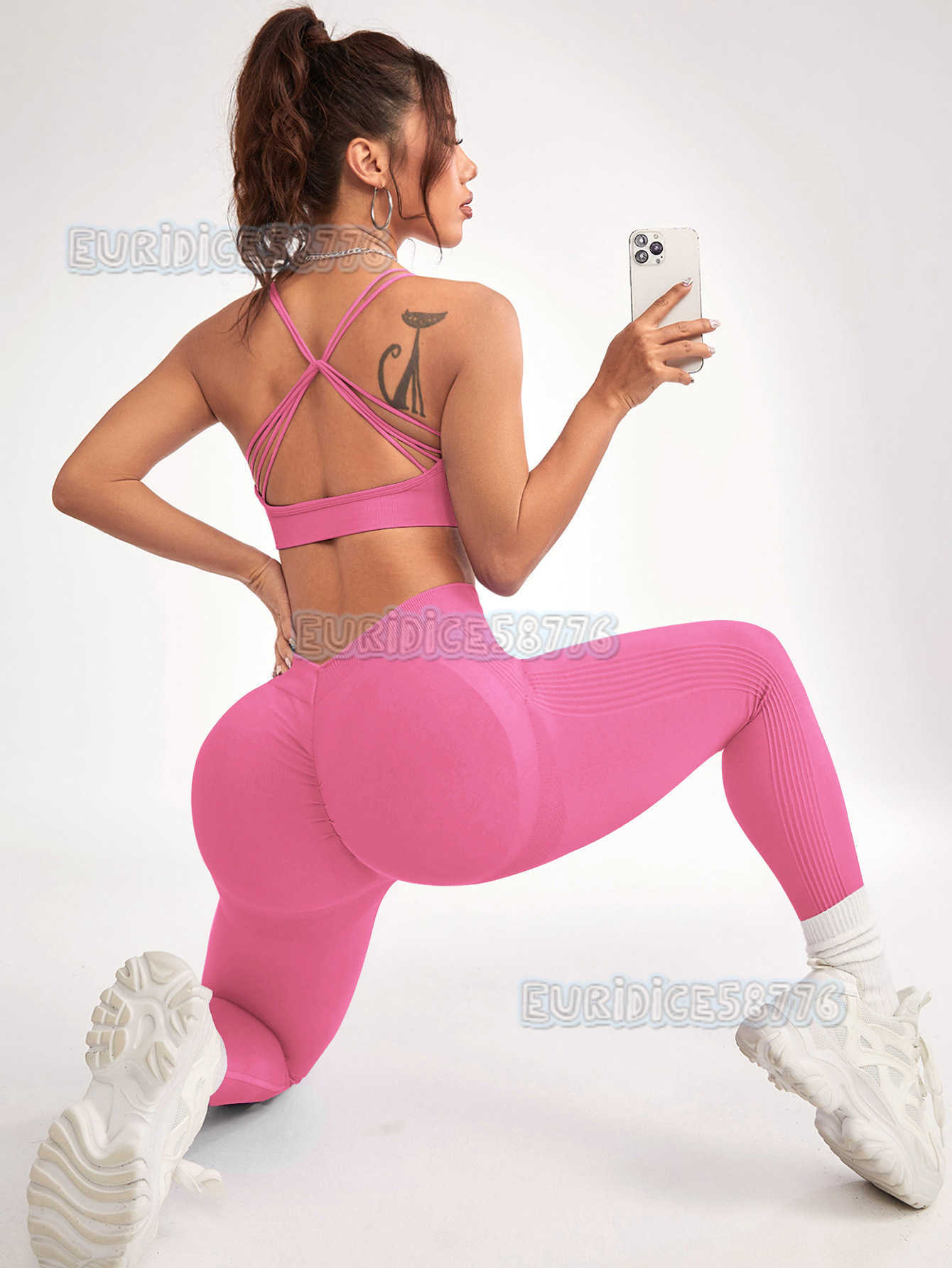 New Seamless Knitted V-waist Peach Yoga Outfit Set for Women with Butt-lifting Pants and Sports Bra Two-piece Set H250819