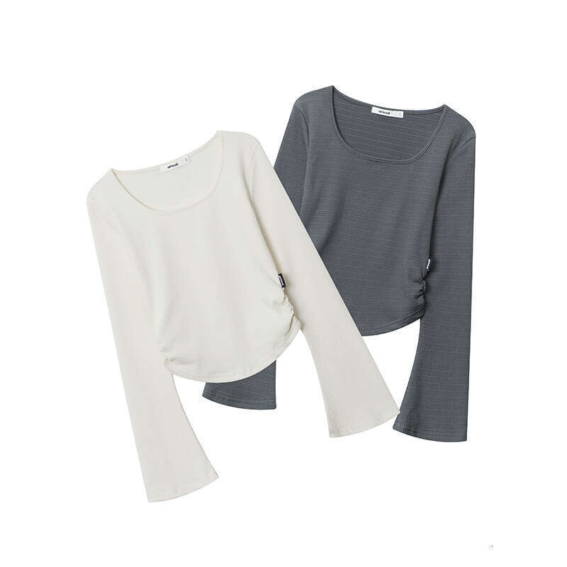 Pure Desire Style Ruched Waist Round Neck Long Sleeve T-Shirt Spring New Slim Fit Solid Color Short Hot Girl B5