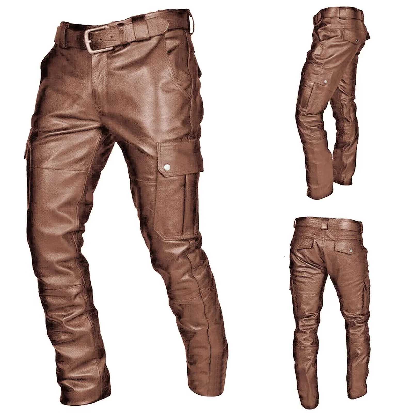 2022 New Popular Pure Color PU Strap Casual Mens Leather Pants leather pants men W250819