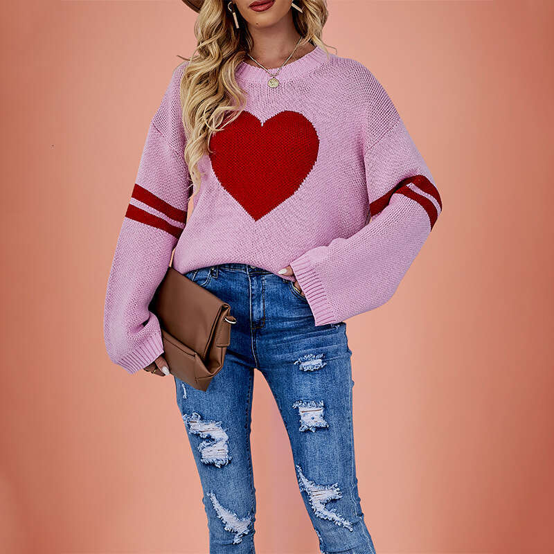 New Women's Autumn Winter Sweater Color Block Valentine's Day Heart Round Neck Knit B5