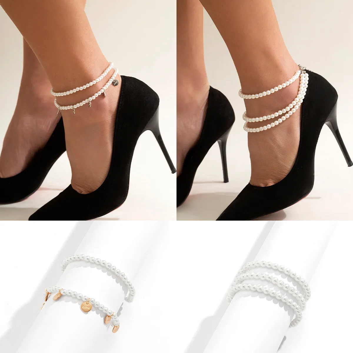 Vintage Round LOVE Engraved Pendant Anklet Womens Multilayer Pearl Beaded Anklets Girls Fashion Jewelry 250815