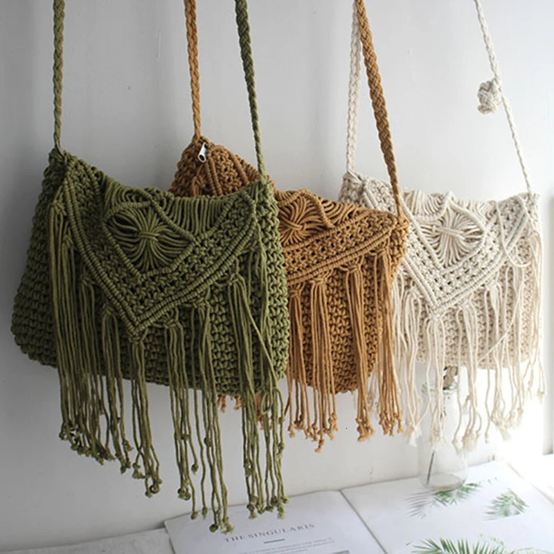 Handmade Cotton Woven Knitted Tassel Crossbody Bag Vintage Shoulder Messenger Bag Female Fashion Beach Summer Handbags for Women 250814