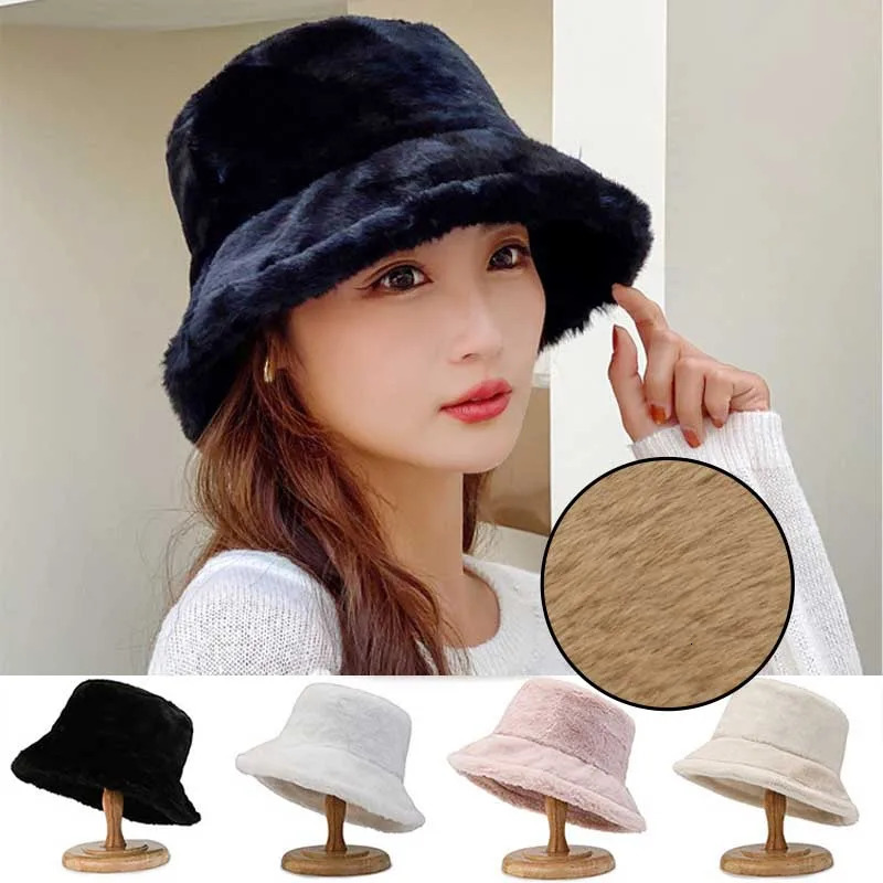 Korean Lamb Faux Fur Bucket Hat Lady Winter Warm Soft Panama Hat Outdoor Fisherman Cap For Women Solid Color Beanie Bonnet 250819