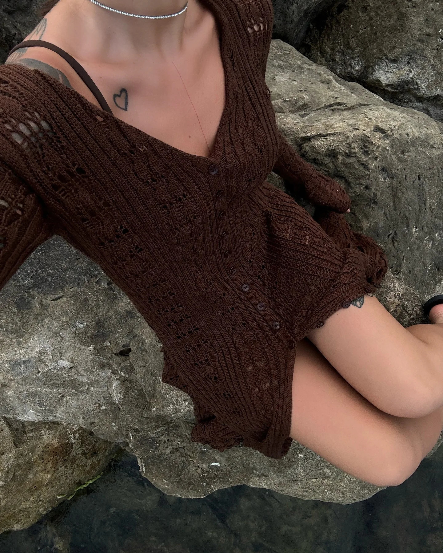 DRC Holiday Knitted Seethrought Cardigan Dress V Neck Long Flare Sleeves Leisure Trendy Single Breasted Autumn 250819