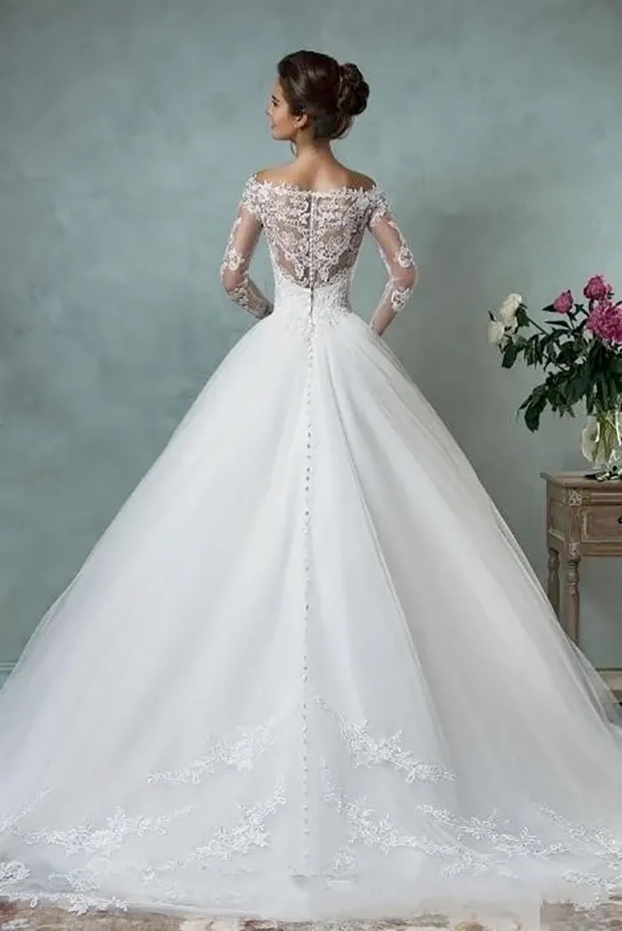 Vintage Amelia Sposa Wedding Dresses Long Sleeve V-Neck Appliques Lace Wedding Bridal Gowns Party Dress