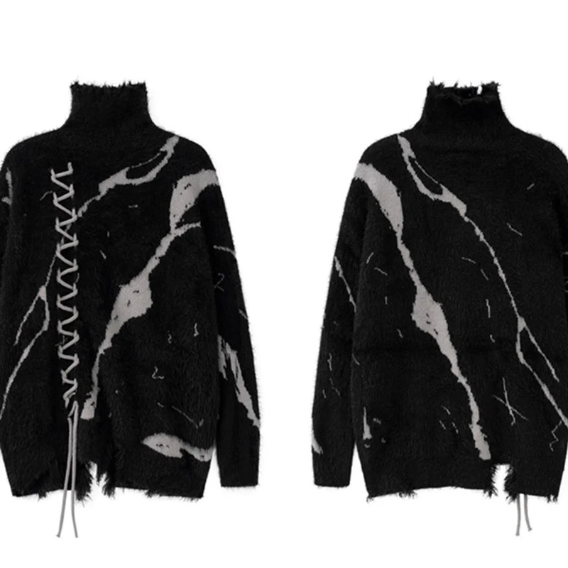 Dark Turtleneck Sweater Mens INS Winter Clothes Splice Color Tassel Weaving Couples Wool Oversize Knitwear Y2k Loose Knit 250819