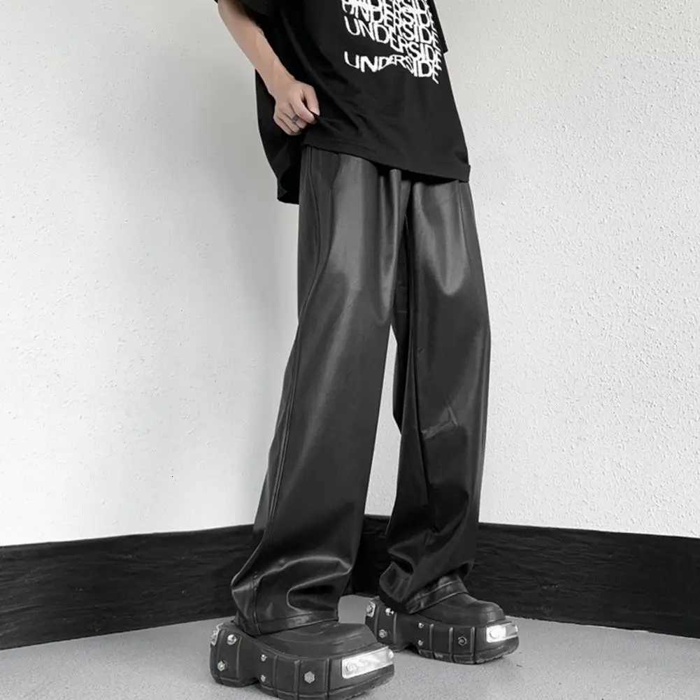 Men Straight Pants Drawstring Elastic Waist PU Leather Pants Hip Hop Wide Leg Loose Streetwear Unisex Waterproof Long Trousers W250819