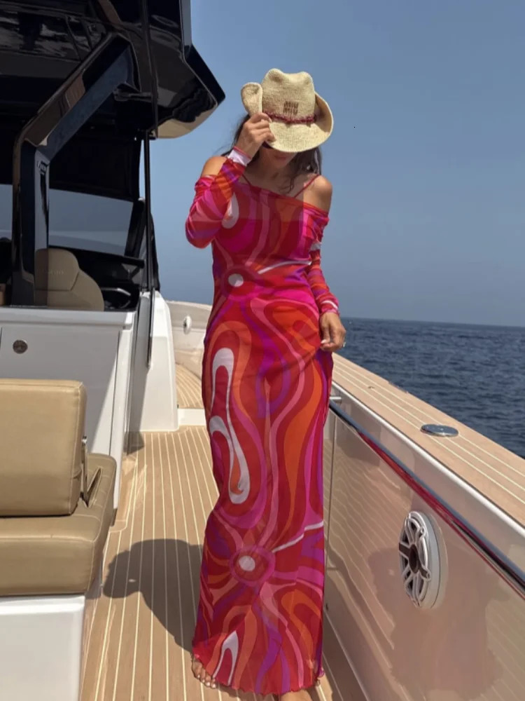 2025 Fashion Print Beach Long Dress Summer Women Spaghetti Strap Dress Long Sleeve O-Neck Dresses Summer Lady Robes 250819