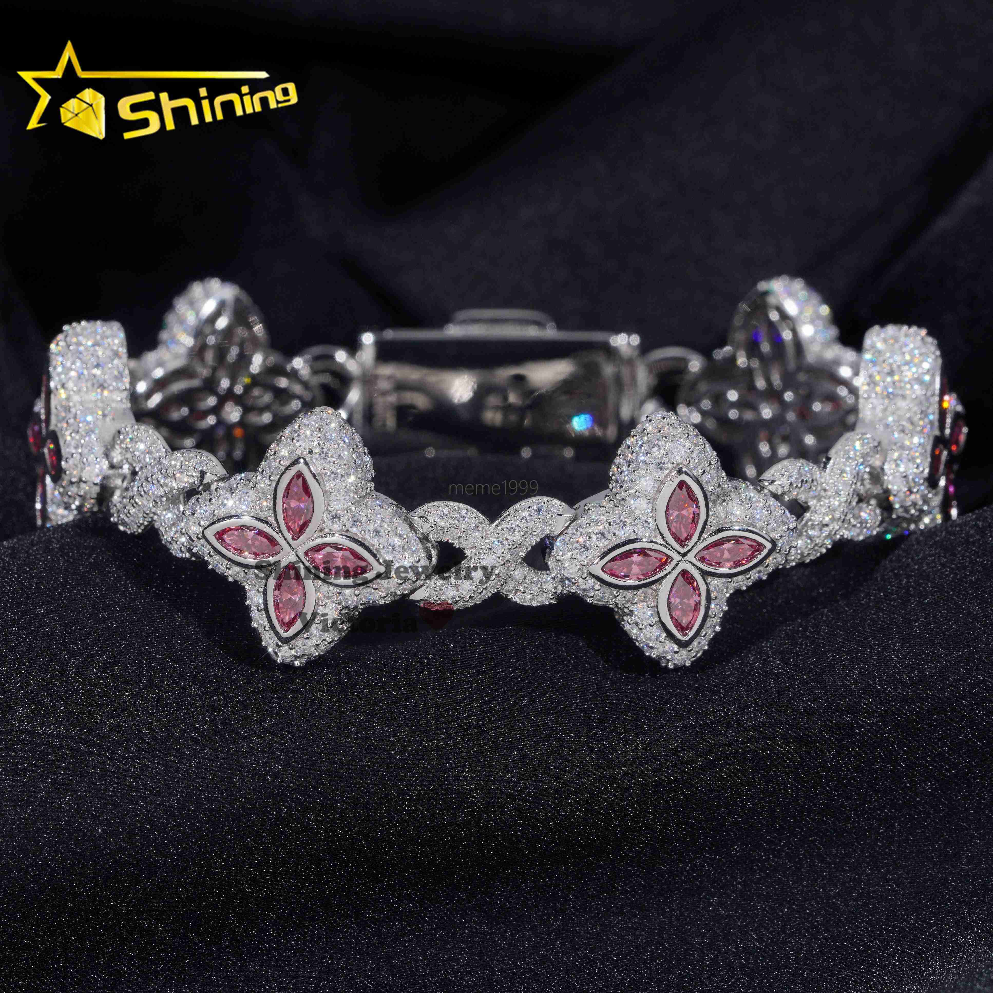 18MM Hip Hop Style Sterling Silver Iced Out Clover Infinity Link Bracelet Jewelry Pink Marquise Moissanite Clover Cuban Bracelet