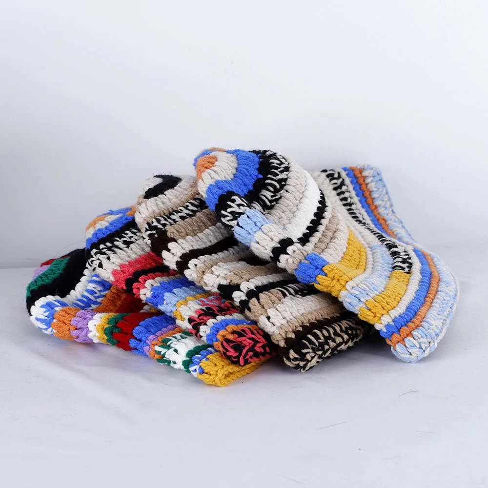 Autumn Winter Colored Handmade Striped Knitted Bucket Hats Versatile Crochet Thick Women Fisherman Hats 250819