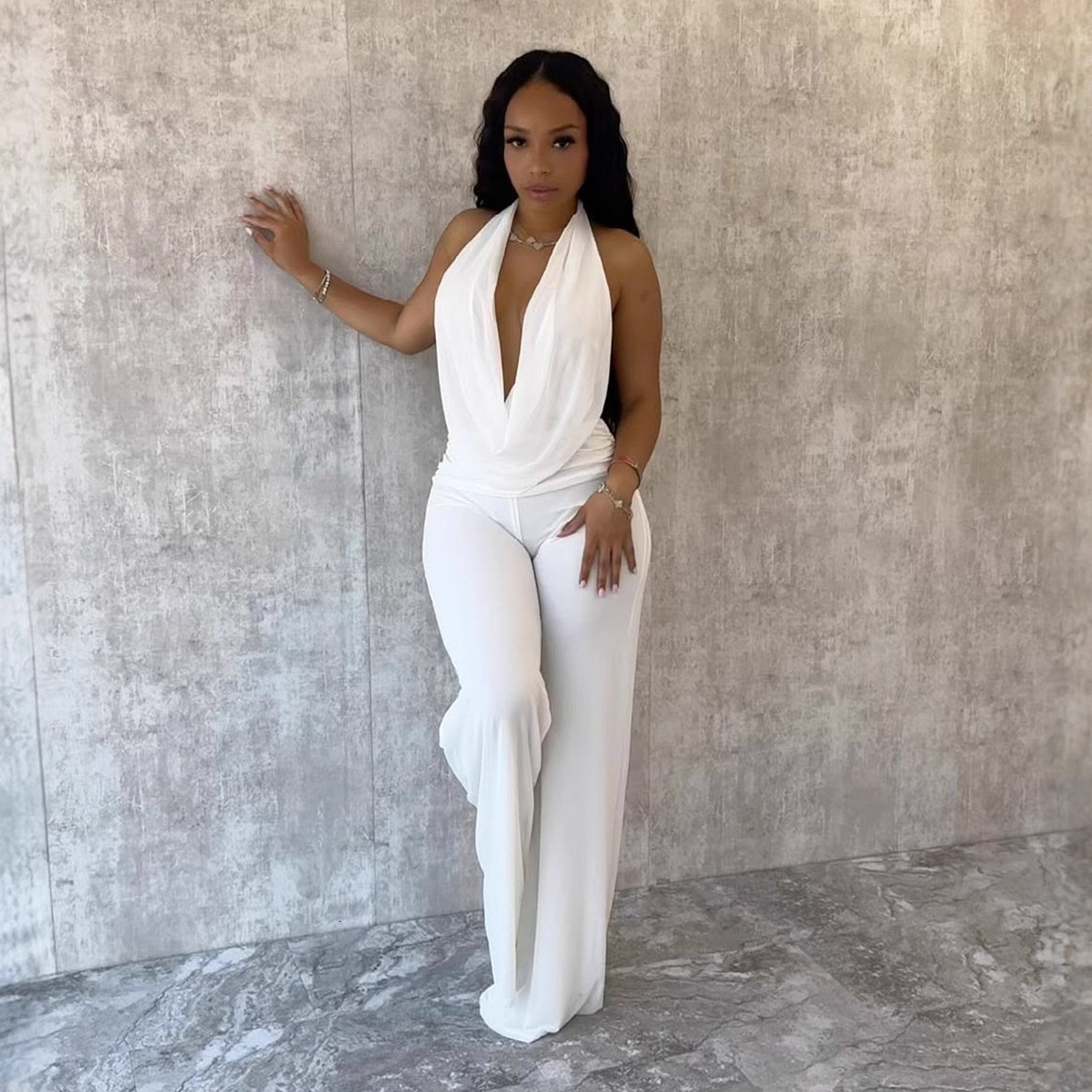 D9541 Womens Fashion Sexy Halter Neck Swing Collar Backless Tie Solid Color Mesh Two-Piece Set