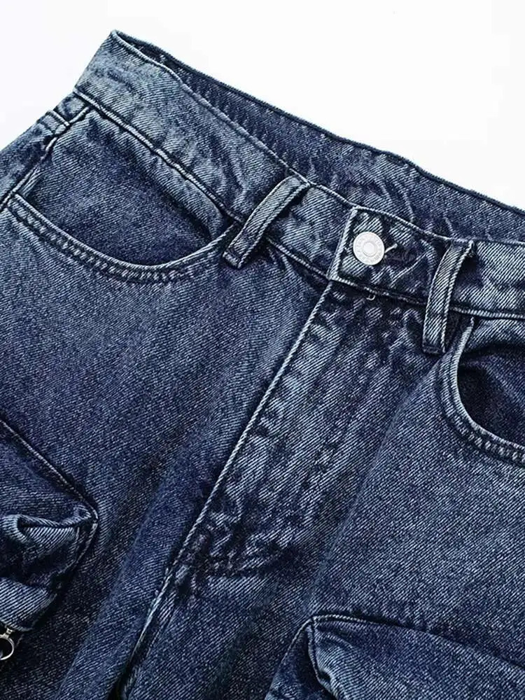 DEAT Womens Jeans High Waist Solid Color Multiple Pockets Straight Wide Leg Cargo Denim Pants Summer Fashion 29L6499 250819