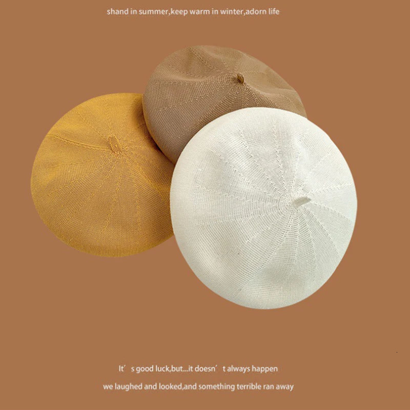 Womens Summer Beret Hat Cotton Breathable Knit Slouchy Beanie Solid Color French Retro Fashion Cap for Women Casual Outfit 250819