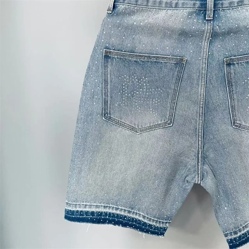 American High Street MIXED EMOTION Mens Jeans Washed Blue Drill Print Oversized Denim Shorts 250819