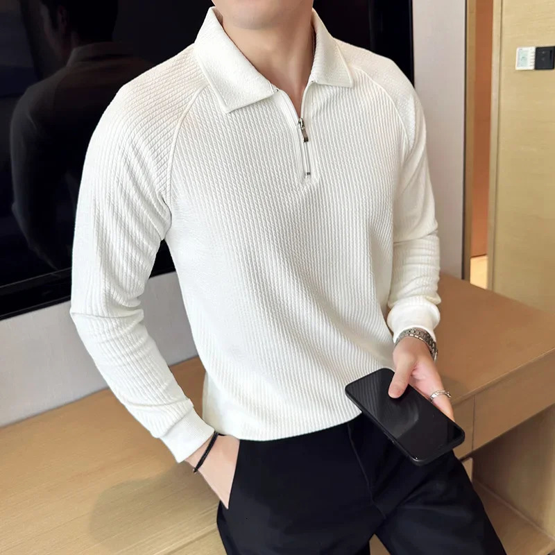 Men High Elastic Long Sleeve Polo Shirts Autumn Winter Knitted Pullover Turn Down Collar Slim Fit Solid Casual Tee Shirt 250818