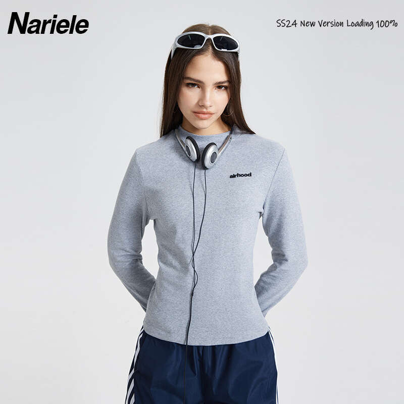 Versatile Harajuku Style Long Sleeve T-Shirt For Women Round Neck Spring And Autumn Embroidered Solid Color Base Shirt Top B3