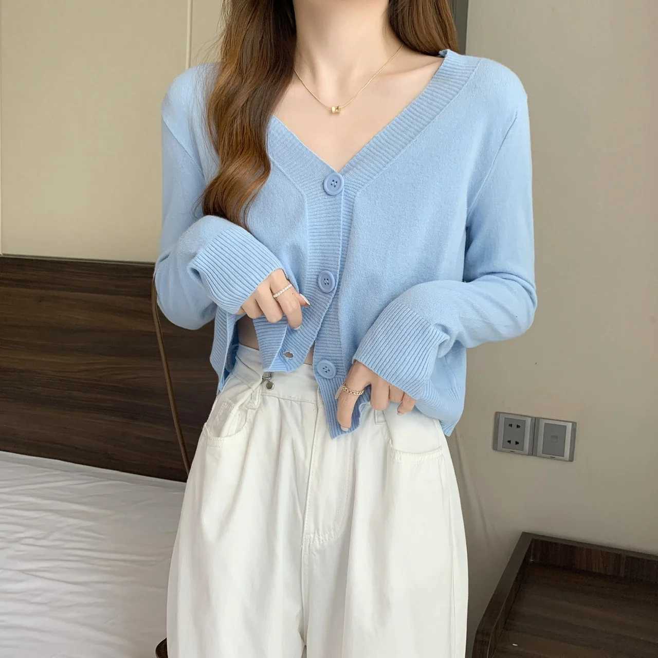 Thin Summer Yellow Cardigan Knitted Shirt Womens High Stretch Long Sleeve Casual V-Neck Sweater Tank Top Clothes XJ250819