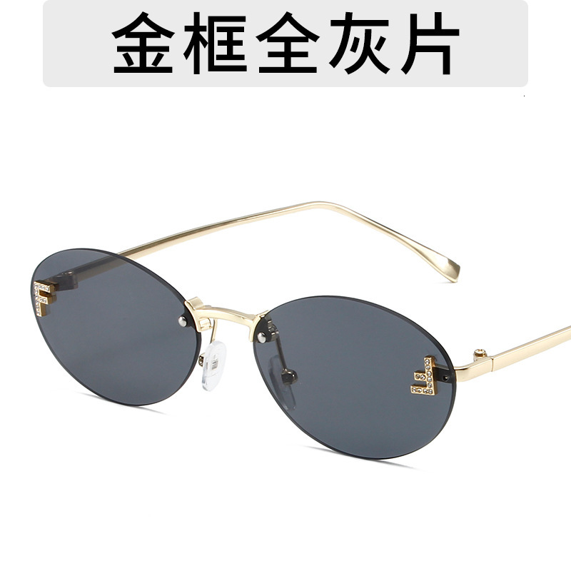 Oval Small Frame New Frameless Cut Edge Personality Glasses Unique F Letter Dot Diamond Sunglasses