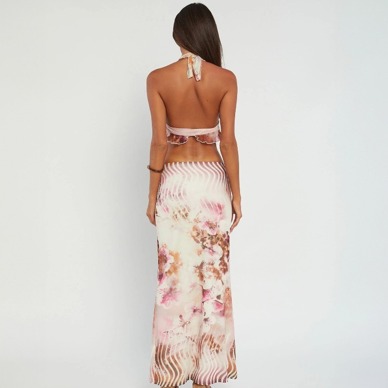 D9708 womens sexy hanging neck sleeveless crop print suspender top hip hugging skirt set