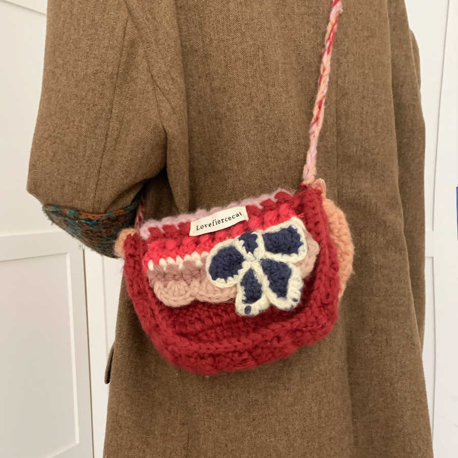 2025 Autumn Korean Sweet Knitted Bow Yarn Women's Handbag Autumn/Winter New Cute Knitted Crossbody Bag Women's Crossbody Bag Designer Bag Wo