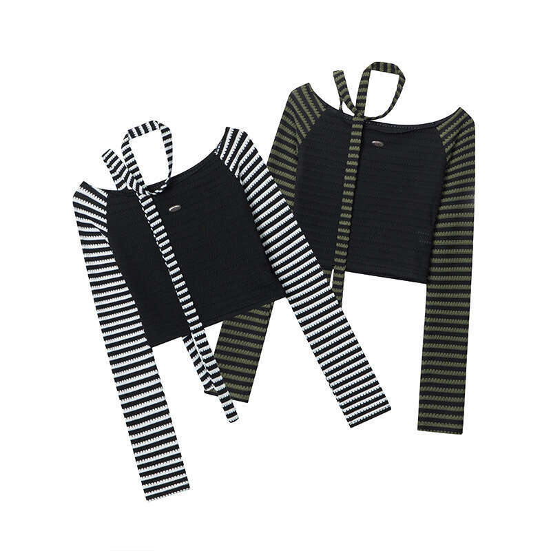 Spring New Off-Shoulder Pure Desire Ribbon Design Long Sleeve T-Shirt Women's Striped Top B5
