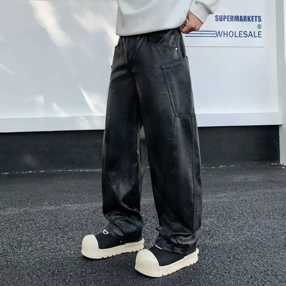 Latest Design Black Cargo Leather Pants Men Wide Leg Loose Fit Trousers Soft Side Pockets Street Pants W250819