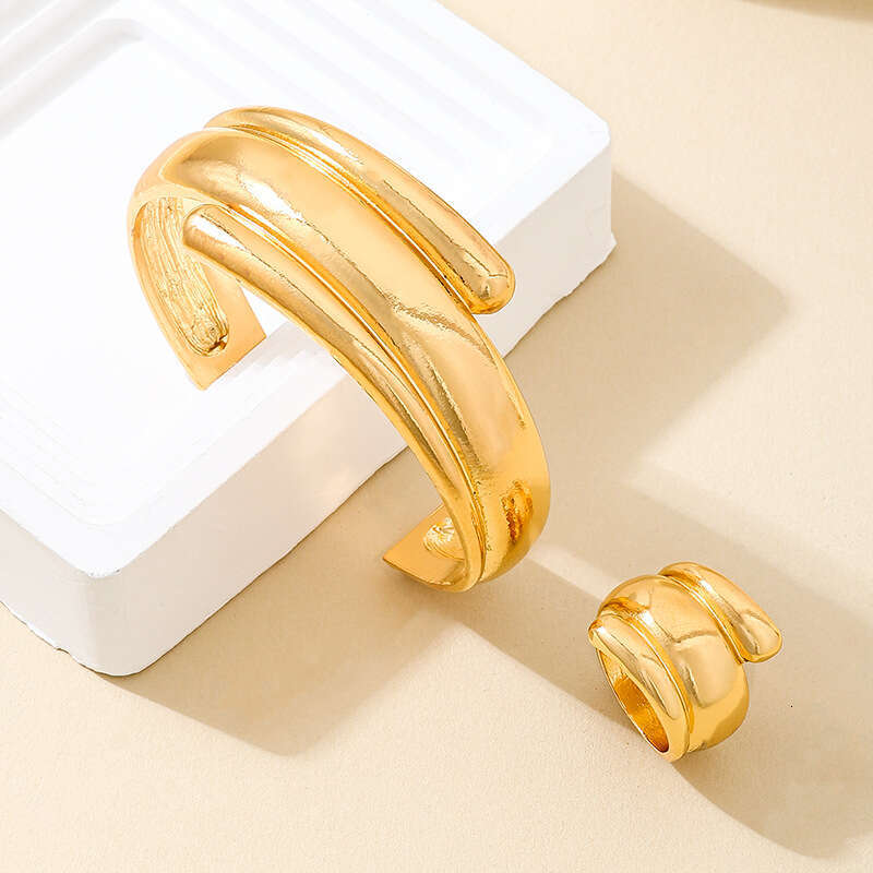 1 of Fashionable New Metal Glossy Geometric Women's Open Bracelet Ring Jewelry Set