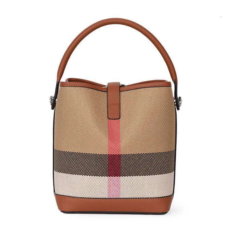 New Canvas Paired With Cowhide Women's Shoulder Crossbody Bag, Fashionable Plaid Pattern Bucket Bag