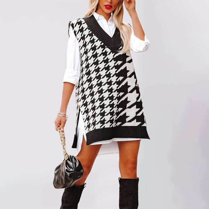 Autumn Winter New Women's Clothing Loose V-Neck Houndstooth Knitted Sweater Sleeveless Vest Waistcoat B5