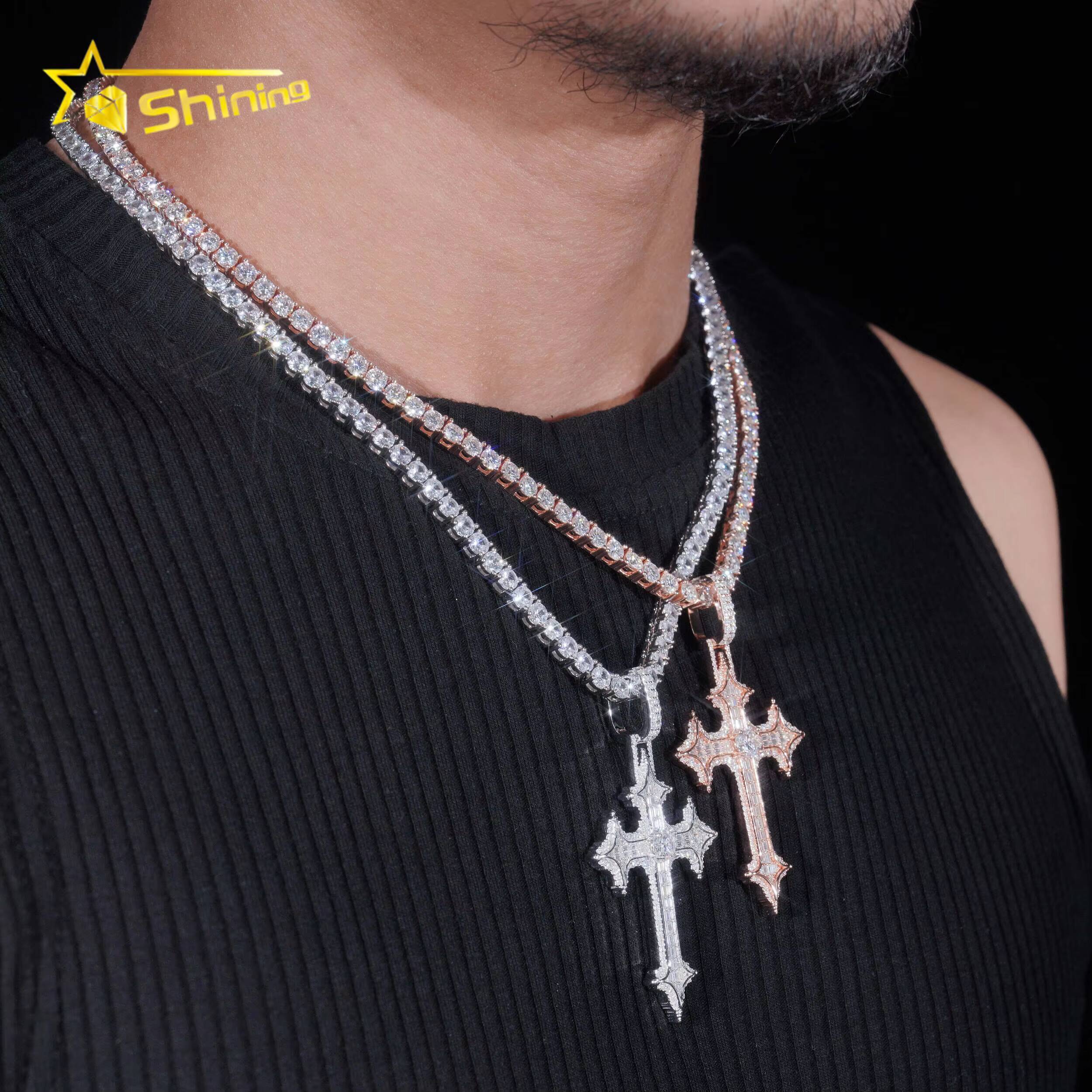 Stock Passes Diamond Tester 925 Sterling Silver Cross Pendant Necklace Hip Hop Jewelry Vvs Moissanite Mens Cross Pendant Charm